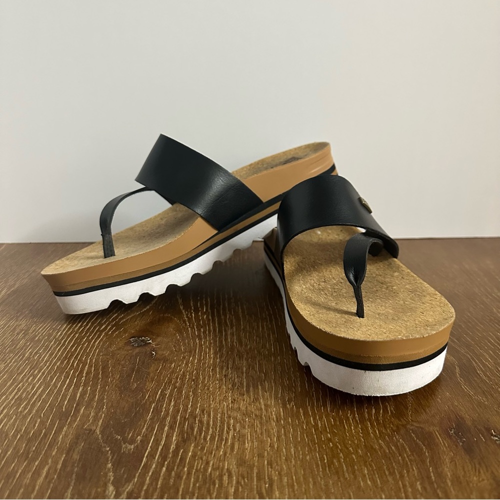Reef Vista Hi Black‎ Tan Platform Sandals Vegan Leather Cork Footbed Womens 9